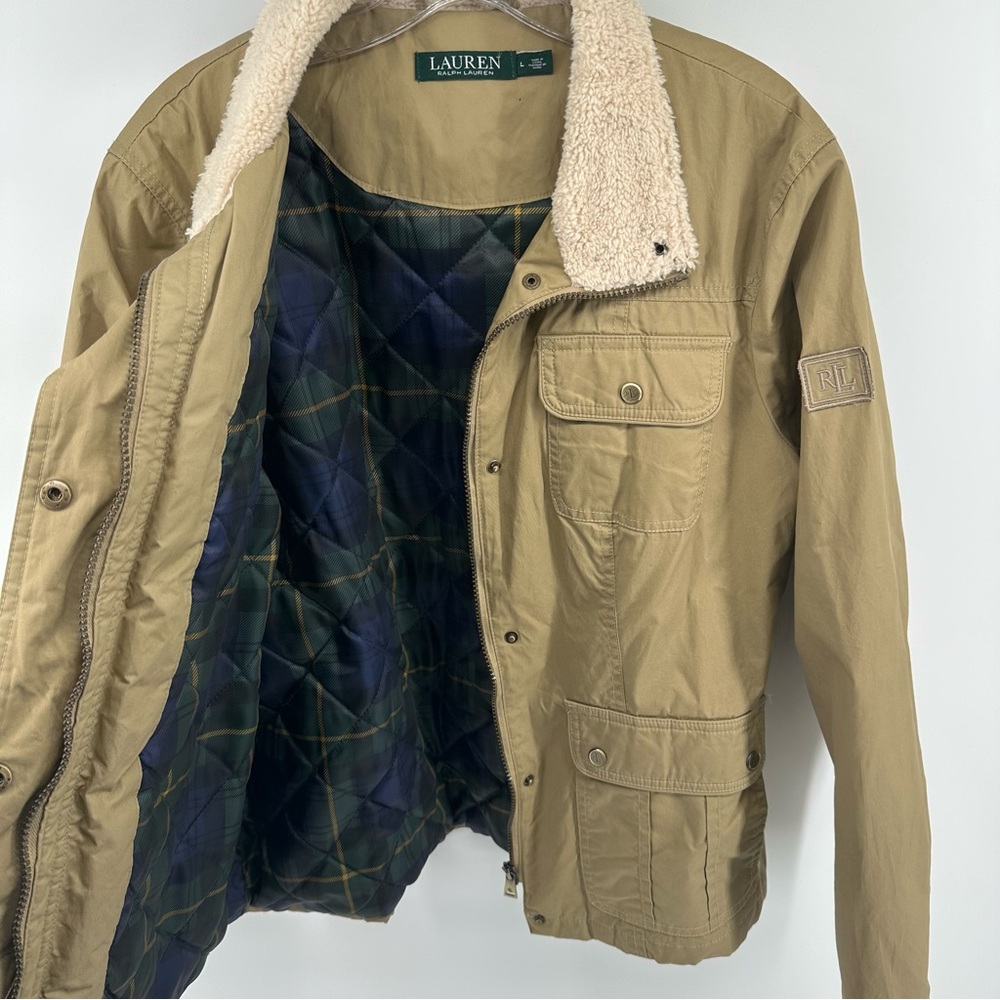 Lauren Ralph Lauren Waxed Field Jacket Faux Shearling Trim Utility equestrian - Picture 7 of 9